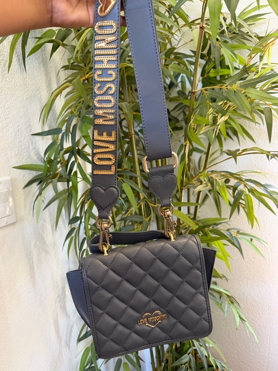 Love Moschino Handbags - Love Moschino Quilted Gray Crossbody with Gold Logo Strap